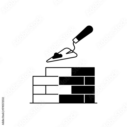 Vector art of bricklaying trowel over a partially built brick wall