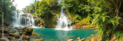 Lush green tropical foliage surrounds a gorgeous waterfall cascading into a turquoise pool on a beautiful sunny day in a pristine natural environment.