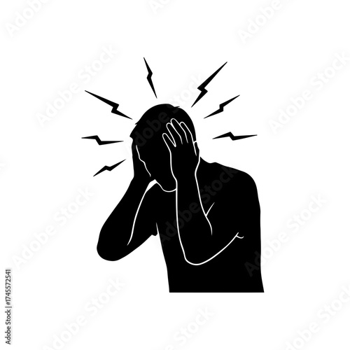 Vector art of silhouette of a person holding head with radiating lines
