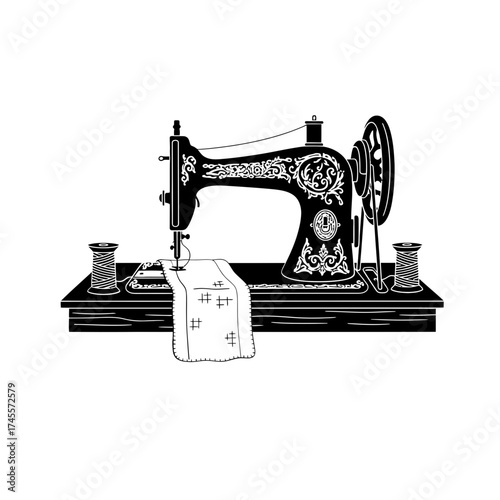 Vector art of antique sewing machine with fabric and thread