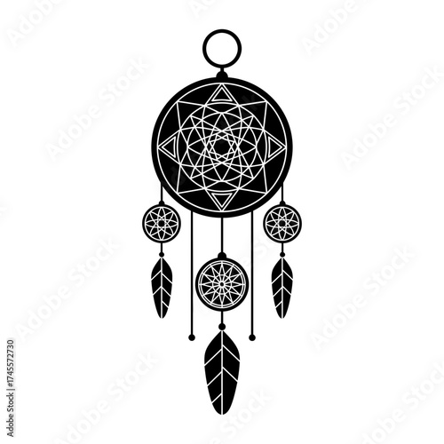 Vector art of black dreamcatcher with geometric pattern and feathers