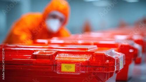 Healthcare worker inspecting refrigerated transport crates with medicines emphasizing secure handling and cold chain compliance main figure in focus surroundings softly blurred.
