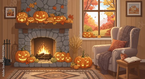 Halloween pumpkins glow around the fireplace in a cozy room.