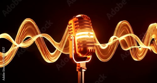 Vintage microphone with sound waves in a dark studio setting