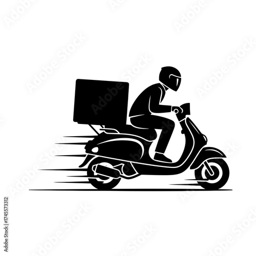 Vector art of delivery person riding scooter with box