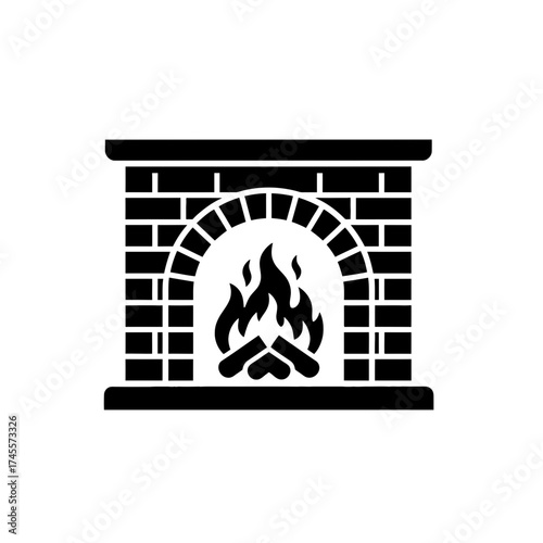 Vector art of brick fireplace with burning fire