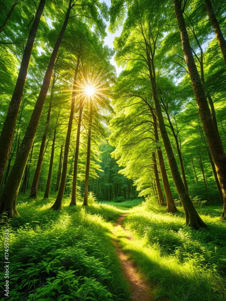 Naklejka premium Lush green forest with sunburst through trees. Path leads to the light