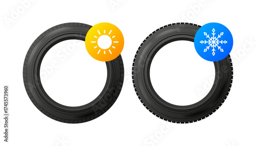 Car wheels with winter and summer tires. Tires for different seasons. Winter tires with snowflake and summer witn sun. Vector illustration.