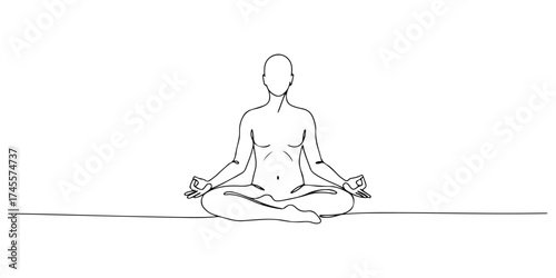 Continuous one line drawing of a person meditating in the lotus position, embodying peace, tranquility, and inner strength, style vector illustration.