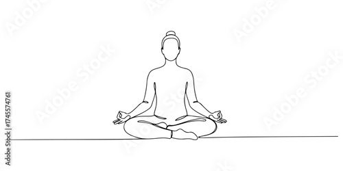 Continuous one line drawing of a person meditating in the lotus position, embodying peace, tranquility, and inner strength, style vector illustration.
