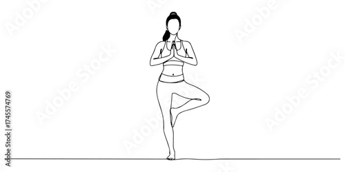 Continuous one line drawing of a woman doing a yoga tree pose, symbolizing balance and awareness, vector illustration style.