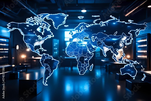 Futuristic technology background featuring data analytics, artificial intelligence, and database management systems connected through a global internet network