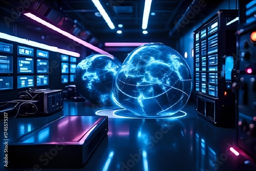 Futuristic technology background featuring data analytics, artificial intelligence, and database management systems connected through a global internet network