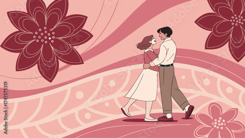 : Romantic couple standing on glossy floral abstract pattern floor with pink wavy design and luxury theme vector