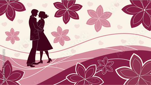 : Romantic couple standing on glossy floral abstract pattern floor with pink wavy design and luxury 