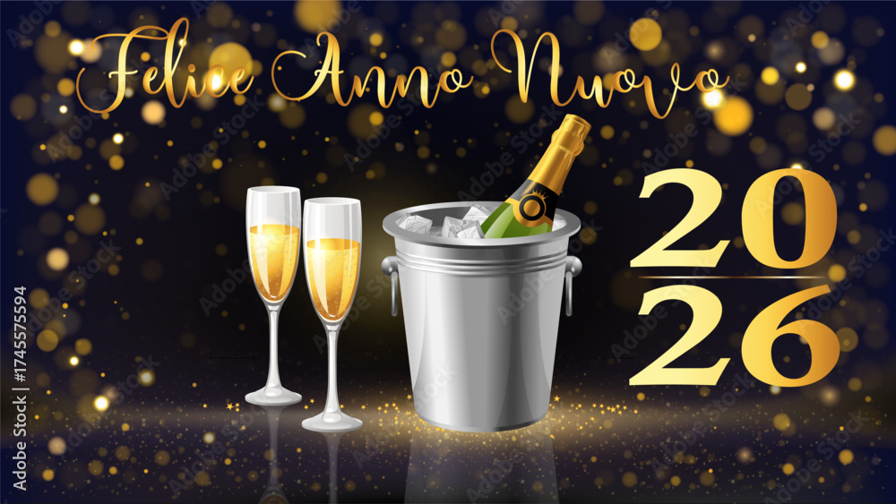 biglietto o striscione per augurare un felice anno nuovo 2026 in oro con una bottiglia di champagne in un secchiello e due calici su uno sfondo nero con cerchi in effetto bokeh