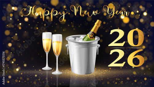 card or banner to wish a happy new year 2026 in gold with a bottle of champagne in a bucket and two flutes on a black background with circles in bokeh effect