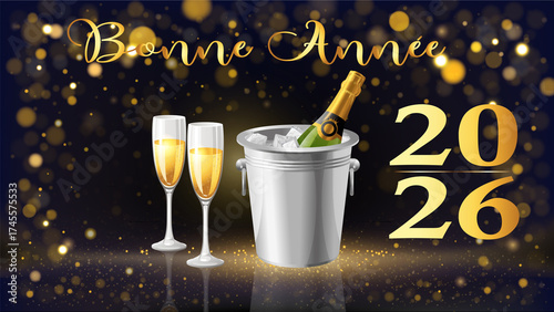 carte ou bandeau pour souhaiter une bonne année 2026 en or avec une bouteille de champagne dans un seau et deux flûtes sur un fond noir avec des ronds en effet bokeh 	