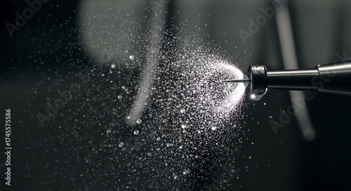 Closeup dental drill spraying fine mist water and particles during dental procedure, creating dynamic, abstract effect