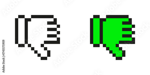 Pixelated Thumbs Down Icon Set. Negative Feedback And Disapproval Symbol Collection. Retro Style. Isolated Vector Illustration