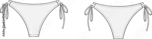Bikini bottom illustration, side tie swimwear design, fashion vector, beachwear style, adjustable bow strings, summer clothing, swimsuit outline drawing