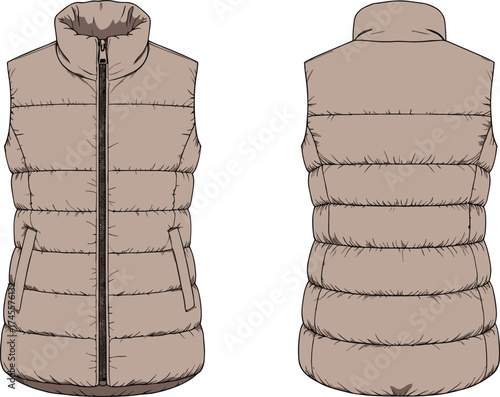 Beige quilted puffer vest, sleeveless winter jacket, insulated outerwear, warm fashion apparel, stylish padded gilet, cold weather clothing design