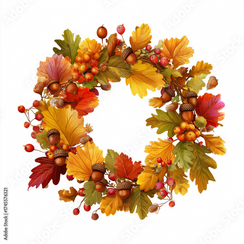 autumn wreath made of leaves, berries, and acorns