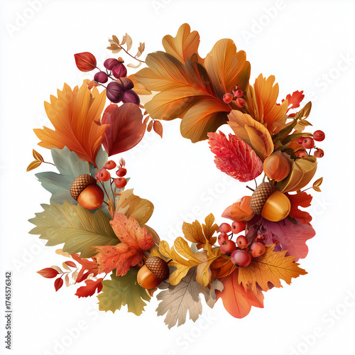 autumn wreath made of leaves, berries, and acorns