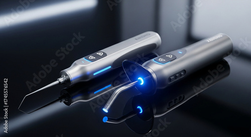 Two modern dental curing light devices with blue led illumination, showcasing advanced technology and precision in sleek, futuristic design with reflective surfaces