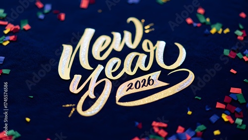 Sparkling New Year 2026 Celebration with Confetti on a Dark Blue Background