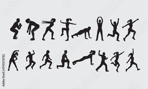 silhouettes of people exercise pose bundle full vector on isolated white background
