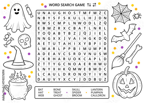 Halloween word search puzzle game with line drawings worksheet. Fun activity for learning English vocabulary. Educational game for children and adults. Halloween line art drawing elements, doodles