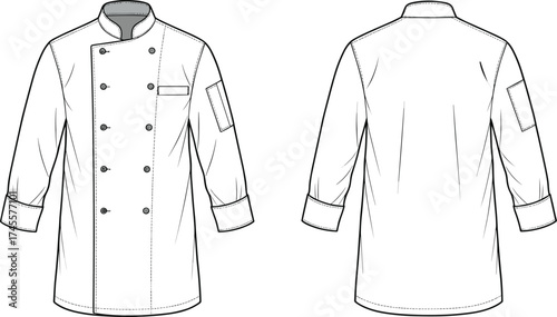 Chef jacket vector illustration, professional uniform design, double breasted coat, culinary apparel front and back view, restaurant clothing template
