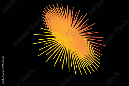 Abstract burst of vibrant orange and yellow lines radiating from a central point on a dark background.