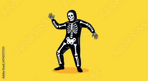 Person in Skeleton Costume Dancing Against Yellow Background.