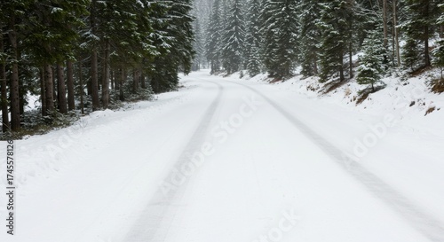 Snowy forest road with tire tracks snaking through a winter landscape. Nature travel and outdoor adventure concept. Background for season.