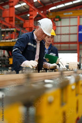 Engineers and staff inspect the production line of components in a metal sheet and metal roofing manufacturing plant.