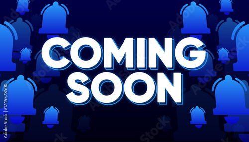 Coming Soon on dark background with red bells vector. Reminder banner. Vector illustration.