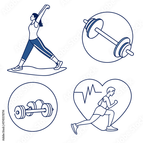 Illustration of a woman stretching, weights, and a man running inside of a heart shape icon