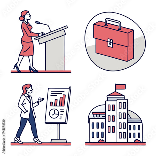 Illustration of a woman giving a speech, a briefcase, a chart, and a government building icon