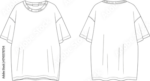 Flat sketch short sleeve t-shirt front back view, fashion technical drawing, apparel design template, casual clothing outline, vector illustrationFlat sketch short sleeve t-shirt front back view,