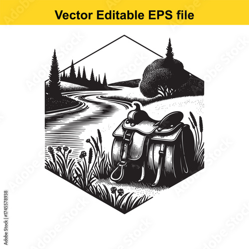 Vector art of saddle and bags by a stream with trees and mountains, vector art