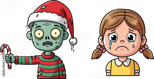 Funny cartoon zombie in Christmas hat with bloody candy cane and crying little girl, emotional horror and holiday contrast illustrationFunny 