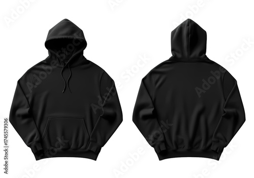 Front and back view of a black hoodie with a hood and a pocket on an isolated black background
