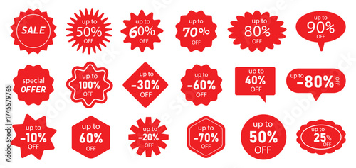 Set of vector red starburst, sunburst badges. Shiny rainbow emblems Sale, up to 50% off, 40%, 60%, 70%, Discount, best. Shopping stickers and badges vector mockup.  