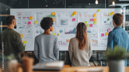 Team brainstorming with whiteboard full of charts and sticky notes, clean modern office