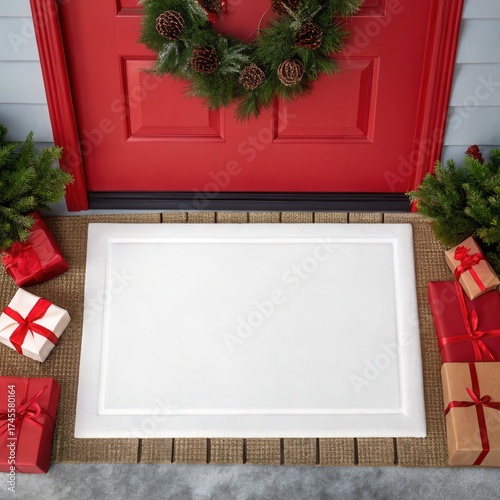 Door Mat mockup for Christmas. A festive front porch features a red door adorned with a wreath, surrounded by wrapped gifts, creating a welcoming holiday atmosphere.