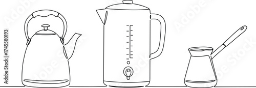 Minimalist kitchen kettle, electric kettle and coffee pot line art illustration, simple outline design for tea, coffee, and beverage preparation concept