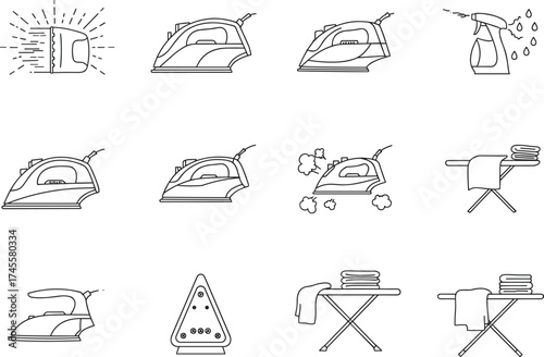 Set of ironing and laundry icons in line style, household appliance vector illustration for cleaning, fabric care, washing, and home chore concept design