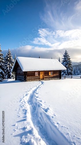 Snowy cabin with fresh footprints on a winter day